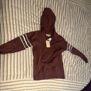 Pink Rose Brown Hooded Sweater with Long Sleeves and Stripes
